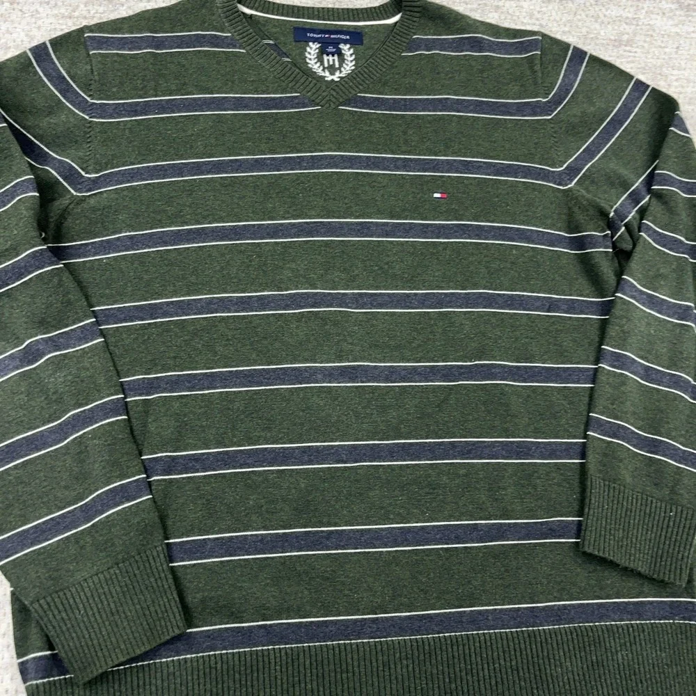 Tommy‎ Hilfiger Sweater Men Medium Olive Green Striped V Neck Lightweight Golf